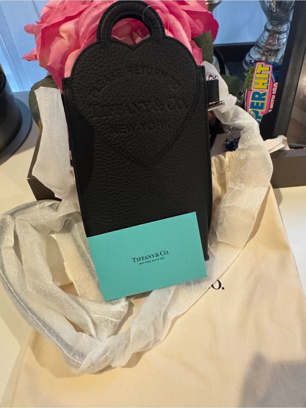Tiffany & Co. Black Grained Leather Heart Phone Holder